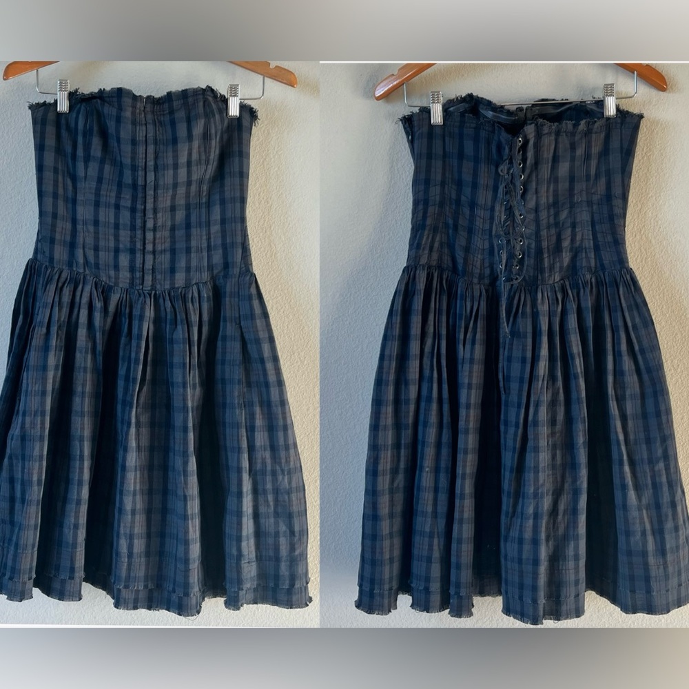 Maeve Strapless Corset Mini Dress Blue Plaid Pockets Feminine Size 2